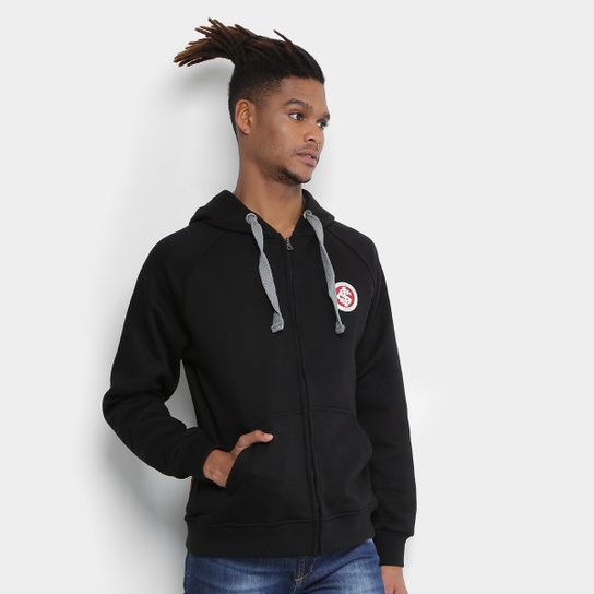 Moletom Internacional Raglan Capuz Abertura em Ziper Masculino - Preto