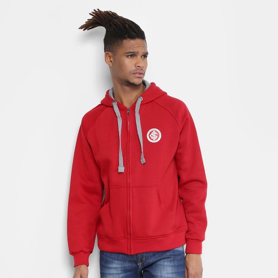 Moletom Internacional Raglan Capuz Abertura em Ziper Masculino - Vermelho