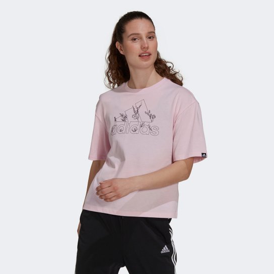 Camiseta Adidas Logo Florido Feminina - Pink+Preto