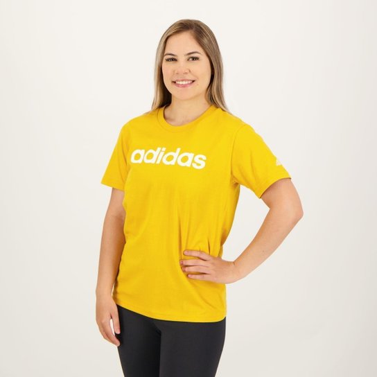 Camiseta Adidas Logo Linear Feminina Amarela e Branca