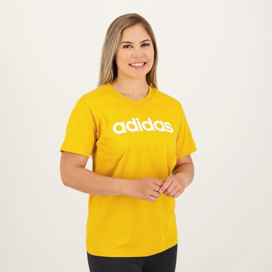 Camiseta Adidas Logo Linear Feminina Amarela e Branca