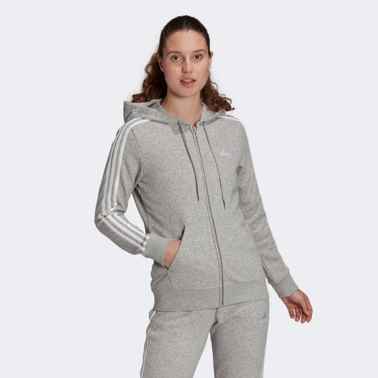Jaqueta Moletom Adidas Capuz Zíper Essentials 3 Stripes Feminina