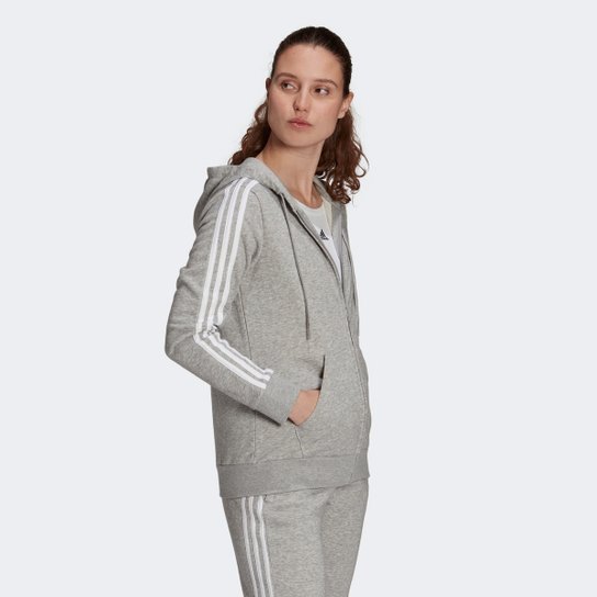 Jaqueta Moletom Adidas Capuz Zíper Essentials 3 Stripes Feminina