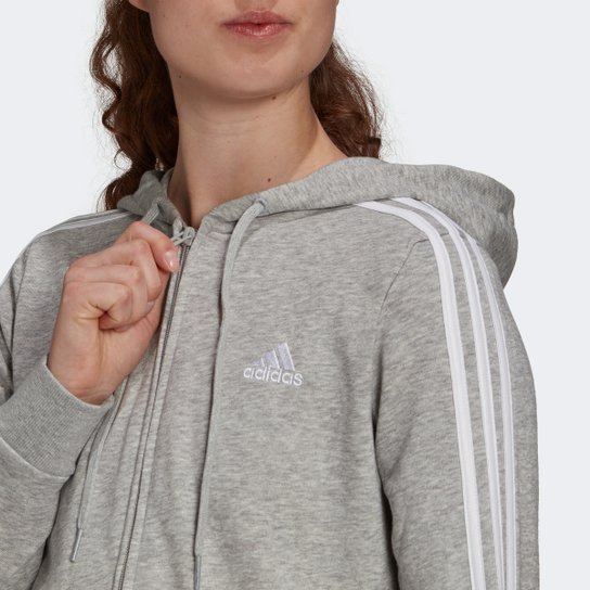 Jaqueta Moletom Adidas Capuz Zíper Essentials 3 Stripes Feminina
