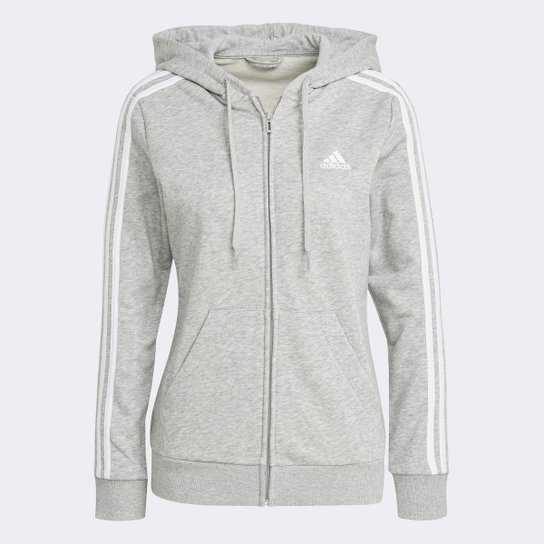 Jaqueta Moletom Adidas Capuz Zíper Essentials 3 Stripes Feminina