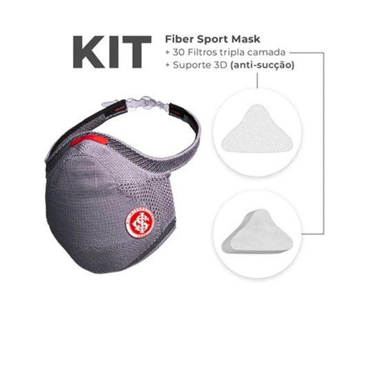 Kit Máscara Fiber Knit Sport Inter + 30 Filtros de Proteção + Suporte Unissex - Cinza