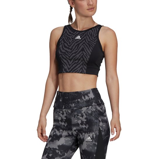 Top Adidas Designed To Move Cropped Zebra Média Sustentação - Preto+Cinza